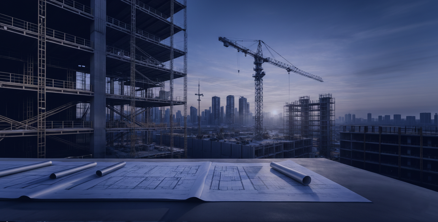 Construction site with blueprints