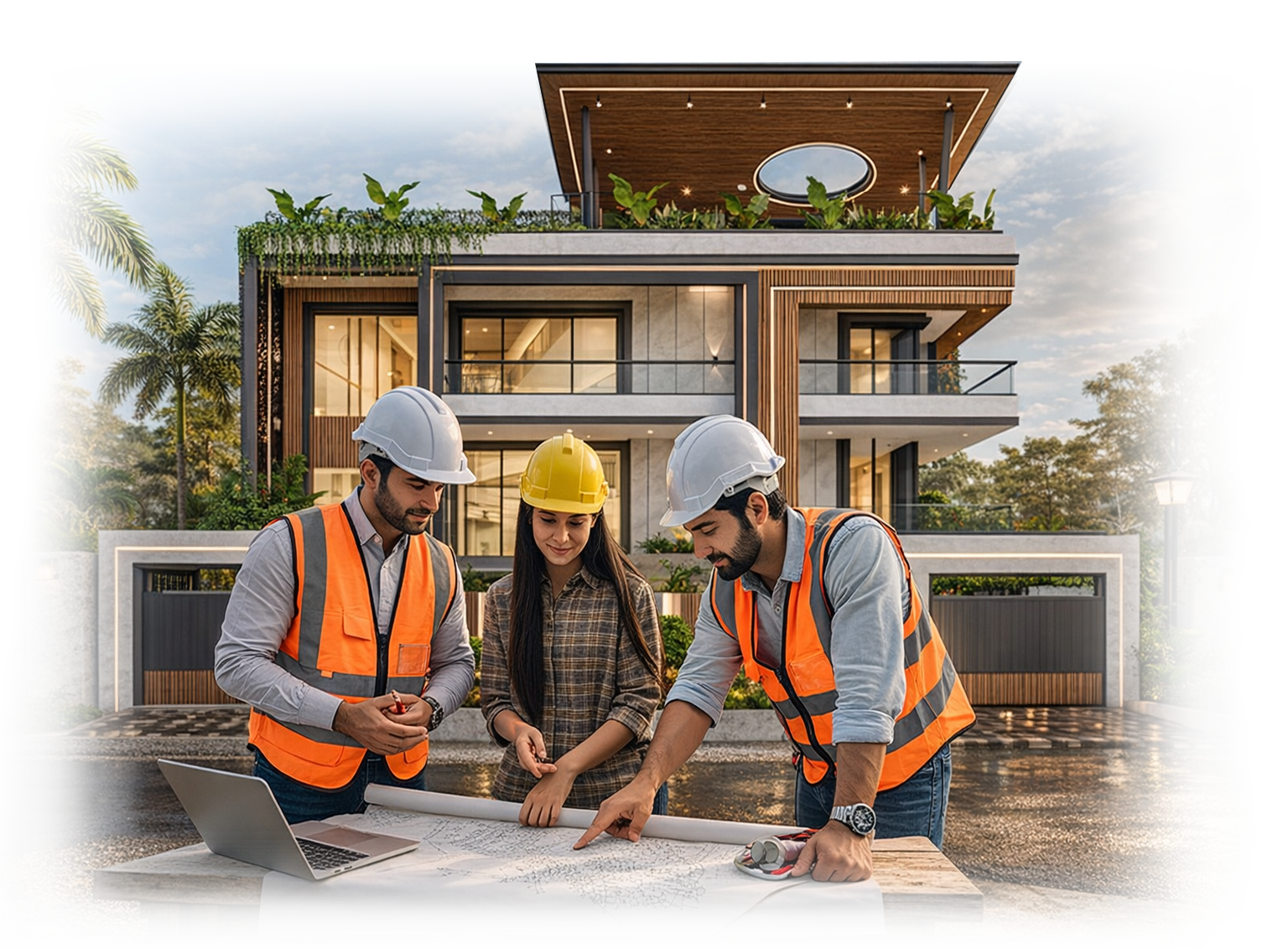 RASO engineers reviewing drawings at a completed home